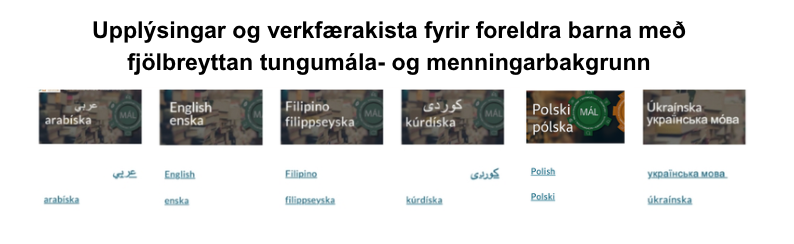Skjáskot af vefsíðu brúarsmiða með upplýsingum og verkfærakistu fyrir foreldra barna með fjölbreyttan tungumála- og menningarbakgrunn